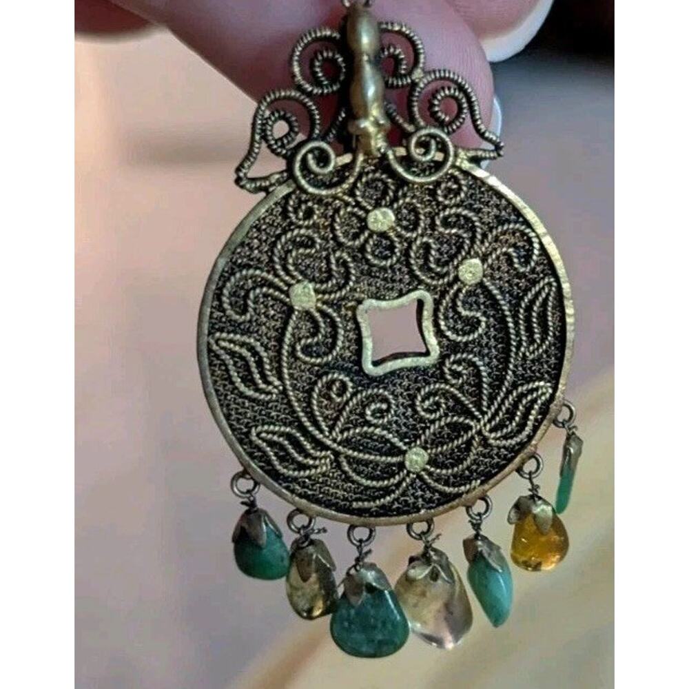 VtG 1930s Chinese Export Coin Filigree Mesh Dangle Green Stone Beads Earrings - Picture 4 of 10